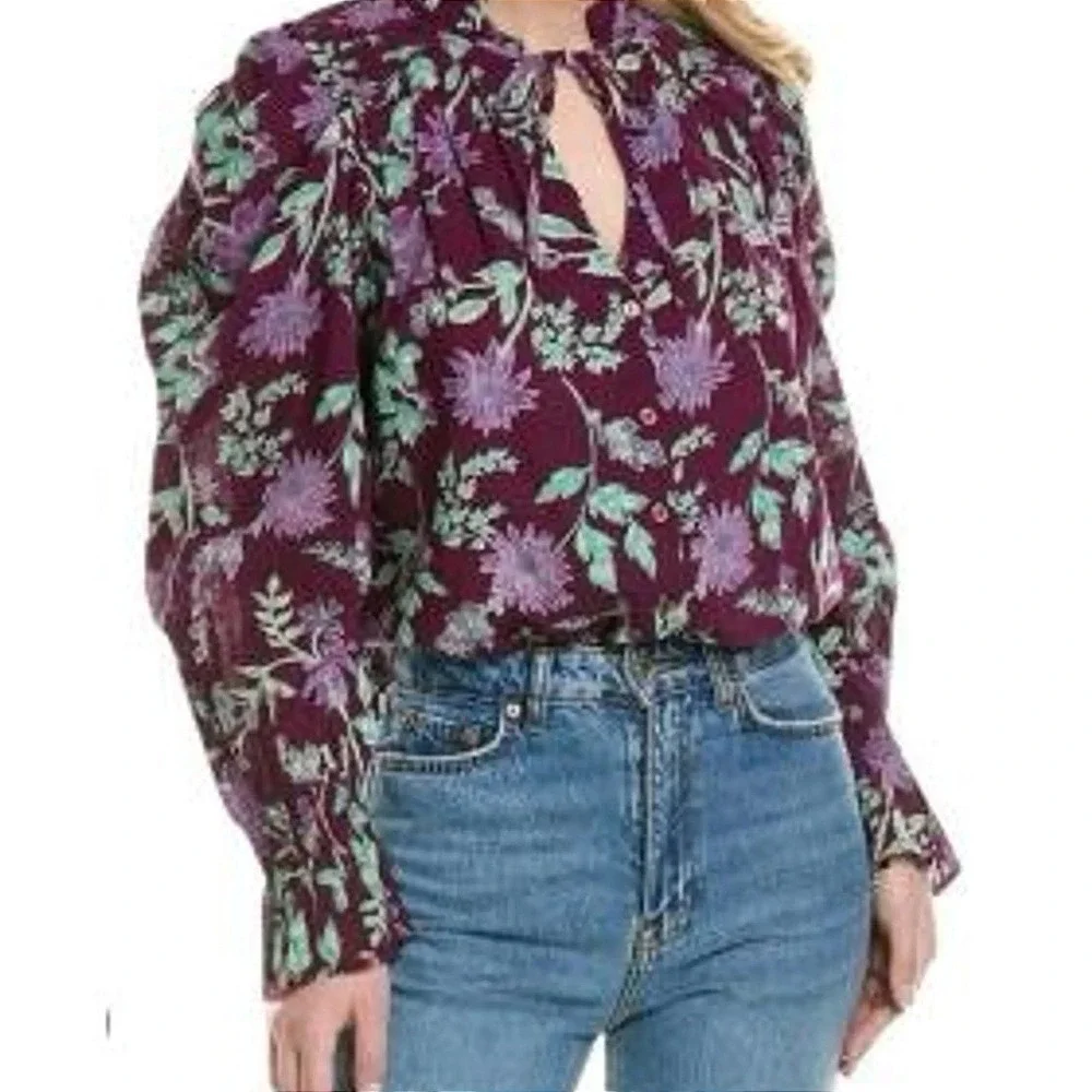 Free People Meant to Be Floral Puff‎ Sleeve Button Up Blouse Top NWT